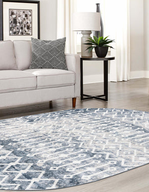 Vintage Blue 8' x 10' Bohemian Trellis Oval Area Rug 100% Polypropylene With Cotton Backing Geometric Modern Boho Decor Carpet for Living Rooms Office Dining Kitchen Interior Design for Sale at Rug Engine