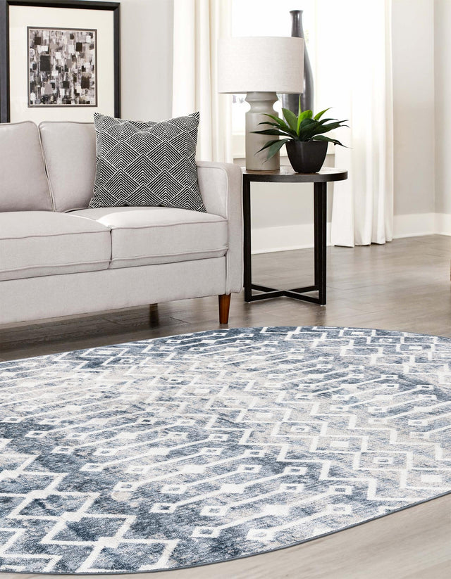 Vintage Blue 8' x 10' Bohemian Trellis Oval Area Rug 100% Polypropylene With Cotton Backing Geometric Modern Boho Decor Carpet for Living Rooms Office Dining Kitchen Interior Design for Sale at Rug Engine