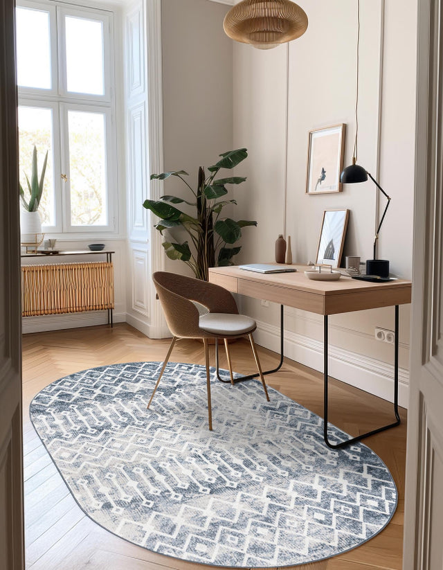 Vintage Blue 8' x 10' Bohemian Trellis Oval Area Rug 100% Polypropylene With Cotton Backing Geometric Modern Boho Decor Carpet for Living Rooms Office Dining Kitchen Interior Design for Sale at Rug Engine