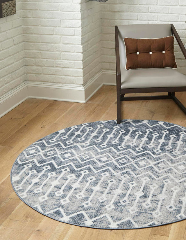 Vintage Blue 7' x 7' Bohemian Trellis Round Area Rug 100% Polypropylene With Cotton Backing Geometric Modern Boho Decor Carpet for Living Rooms Office Dining Kitchen Interior Design for Sale at Rug Engine