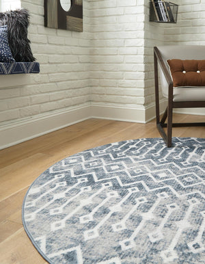 Vintage Blue 7' x 7' Bohemian Trellis Round Area Rug 100% Polypropylene With Cotton Backing Geometric Modern Boho Decor Carpet for Living Rooms Office Dining Kitchen Interior Design for Sale at Rug Engine