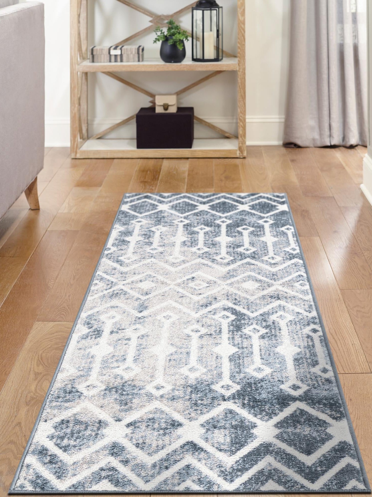 Vintage Blue 2' 7 x 12' Bohemian Trellis Runner Area Rug 100% Polypropylene With Cotton Backing Geometric Modern Boho Decor Carpet for Living Rooms Office Dining Kitchen Interior Design for Sale at Rug Engine