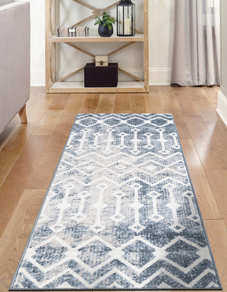 Vintage Blue 2' 7 x 12' Bohemian Trellis Runner Area Rug 100% Polypropylene With Cotton Backing Geometric Modern Boho Decor Carpet for Living Rooms Office Dining Kitchen Interior Design for Sale at Rug Engine