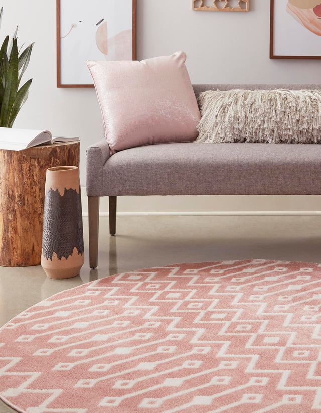 Pink 3' x 3' Bohemian Trellis Round Area Rug 100% Polypropylene With Cotton Backing Geometric Modern Boho Decor Carpet for Living Rooms Office Dining Kitchen Interior Design for Sale at Rug Engine