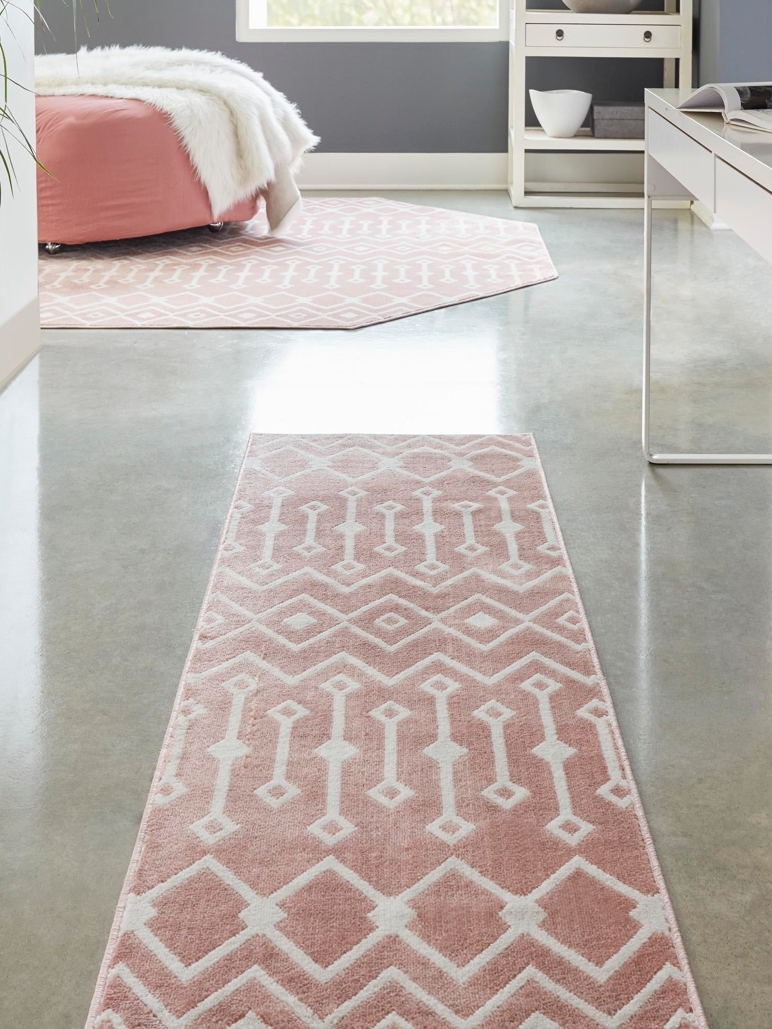 Pink 2' 7 x 12' Bohemian Trellis Runner Area Rug 100% Polypropylene With Cotton Backing Geometric Modern Boho Decor Carpet for Living Rooms Office Dining Kitchen Interior Design for Sale at Rug Engine