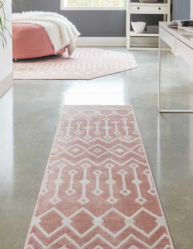 Pink 2' 7 x 12' Bohemian Trellis Runner Area Rug 100% Polypropylene With Cotton Backing Geometric Modern Boho Decor Carpet for Living Rooms Office Dining Kitchen Interior Design for Sale at Rug Engine