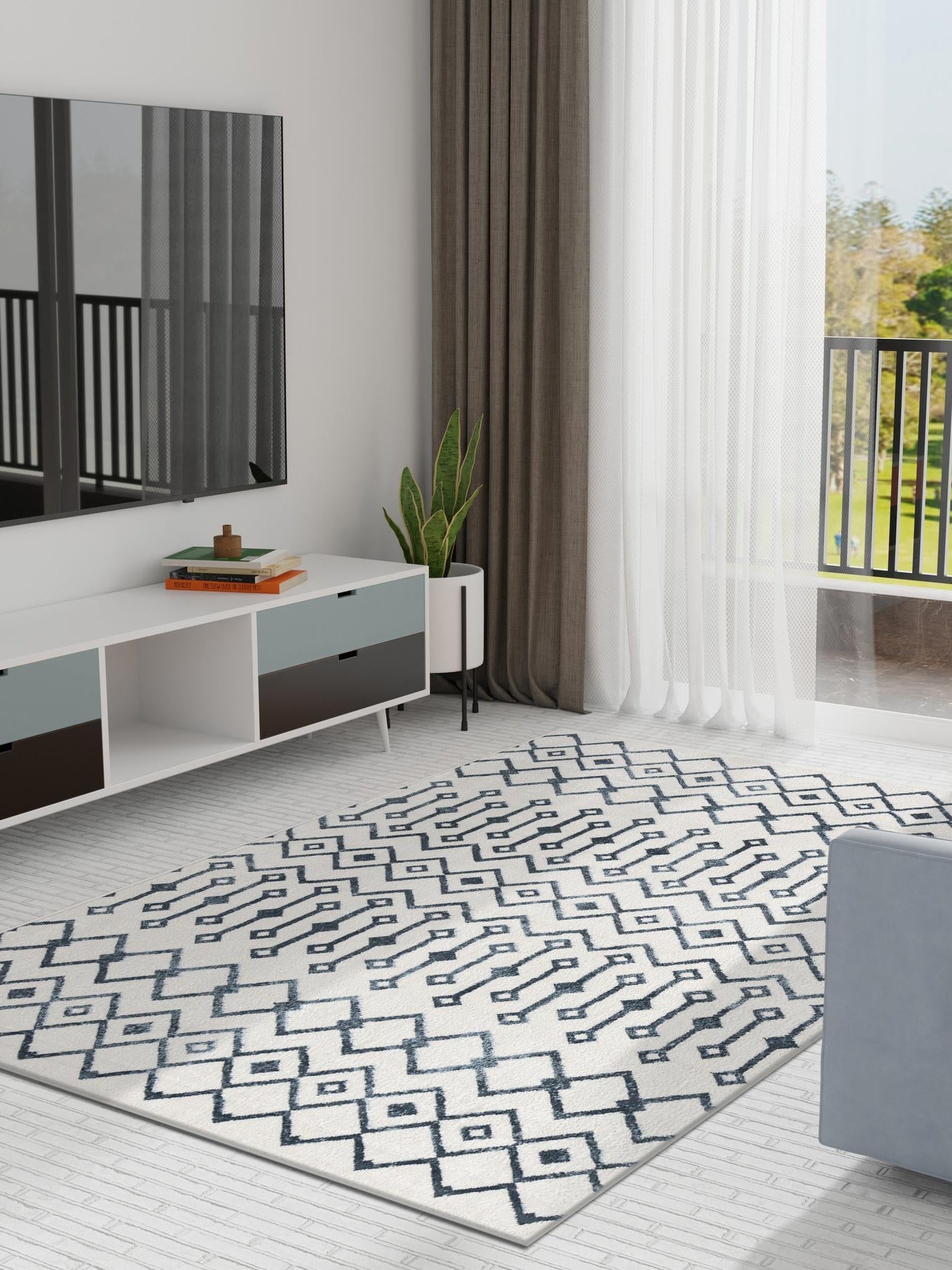 Coastal White 10' x 14' Bohemian Trellis Rectangle Area Rug 100% Polypropylene With Cotton Backing Geometric Modern Boho Decor Carpet for Living Rooms Office Dining Kitchen Interior Design for Sale at Rug Engine