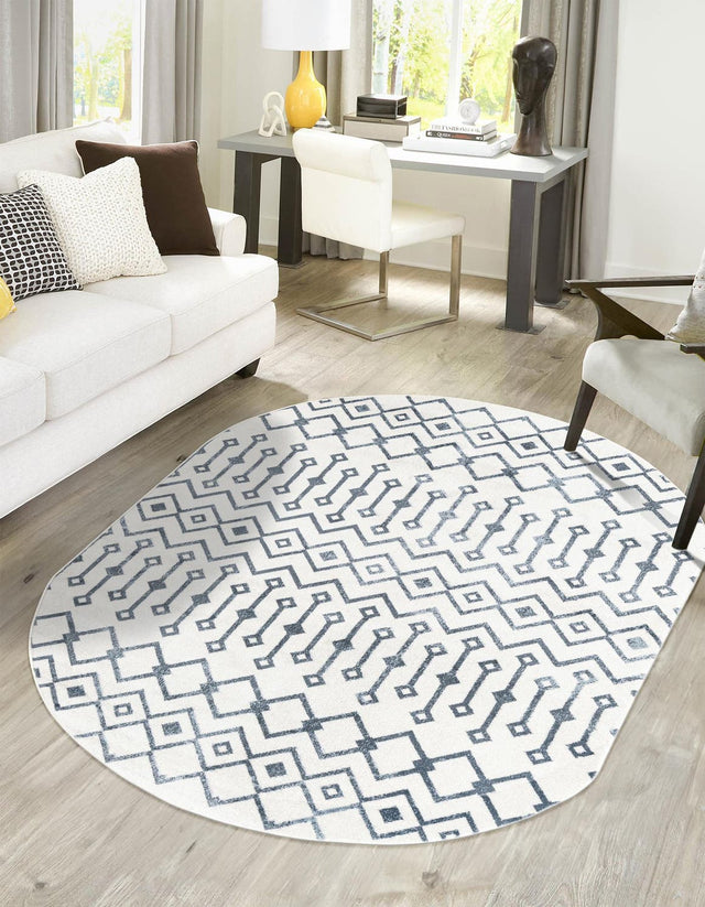 Coastal White 5' 3 x 8' Bohemian Trellis Oval Area Rug 100% Polypropylene With Cotton Backing Geometric Modern Boho Decor Carpet for Living Rooms Office Dining Kitchen Interior Design for Sale at Rug Engine