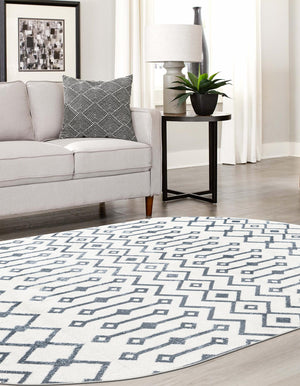 Coastal White 5' 3 x 8' Bohemian Trellis Oval Area Rug 100% Polypropylene With Cotton Backing Geometric Modern Boho Decor Carpet for Living Rooms Office Dining Kitchen Interior Design for Sale at Rug Engine