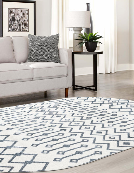 Coastal White 5' 3 x 8' Bohemian Trellis Oval Area Rug 100% Polypropylene With Cotton Backing Geometric Modern Boho Decor Carpet for Living Rooms Office Dining Kitchen Interior Design for Sale at Rug Engine