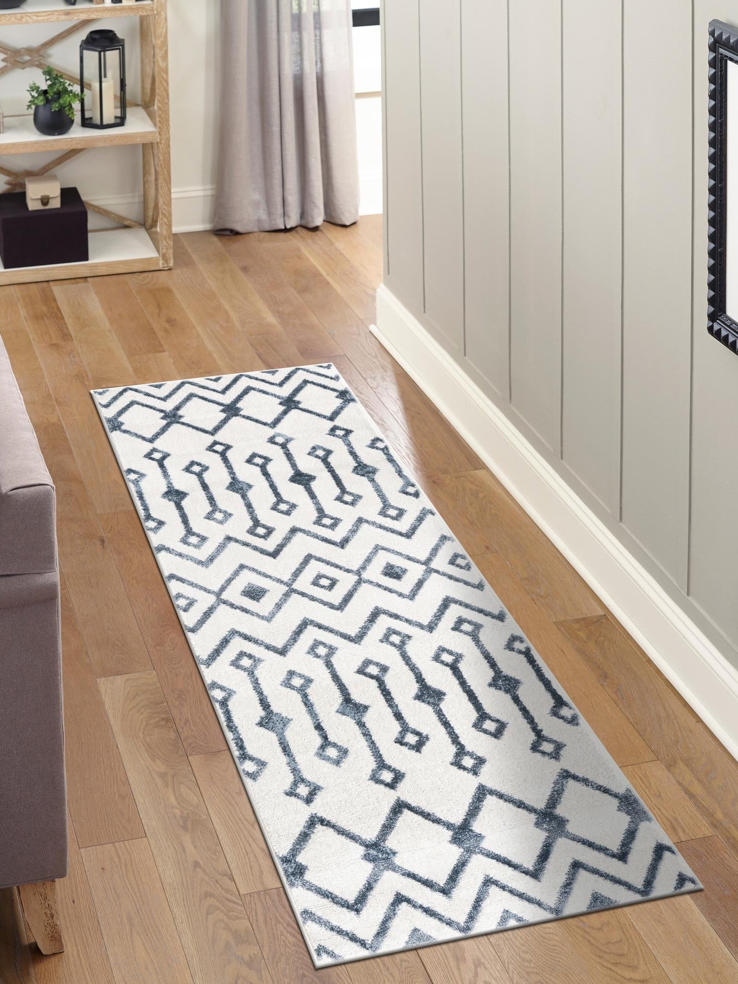 Coastal White 2' x 6' Bohemian Trellis Runner Area Rug 100% Polypropylene With Cotton Backing Geometric Modern Boho Decor Carpet for Living Rooms Office Dining Kitchen Interior Design for Sale at Rug Engine