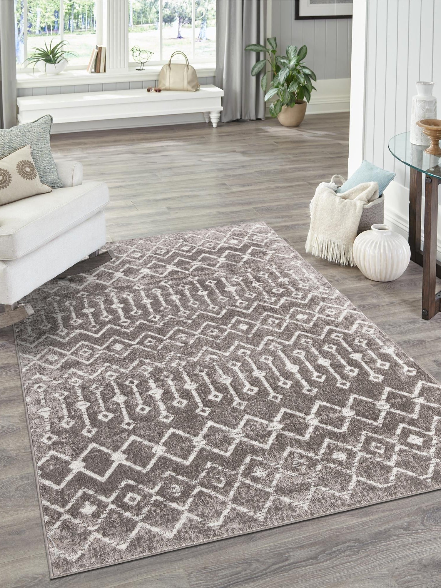 Stone Gray 9' x 12' Bohemian Trellis Rectangle Area Rug 100% Polypropylene With Cotton Backing Geometric Modern Boho Decor Carpet for Living Rooms Office Dining Kitchen Interior Design for Sale at Rug Engine