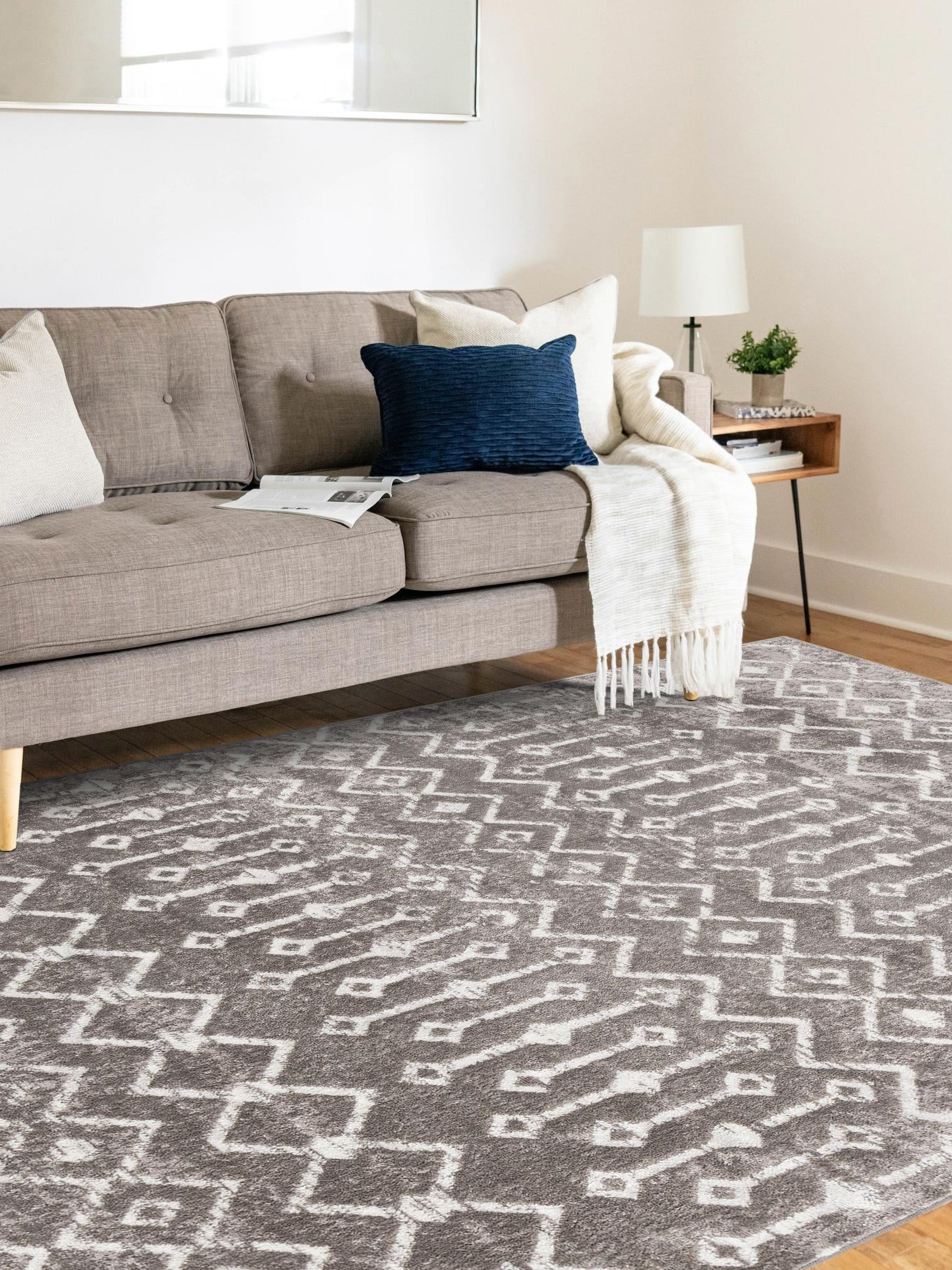 Stone Gray 8' x 11' Bohemian Trellis Rectangle Area Rug 100% Polypropylene With Cotton Backing Geometric Modern Boho Decor Carpet for Living Rooms Office Dining Kitchen Interior Design for Sale at Rug Engine