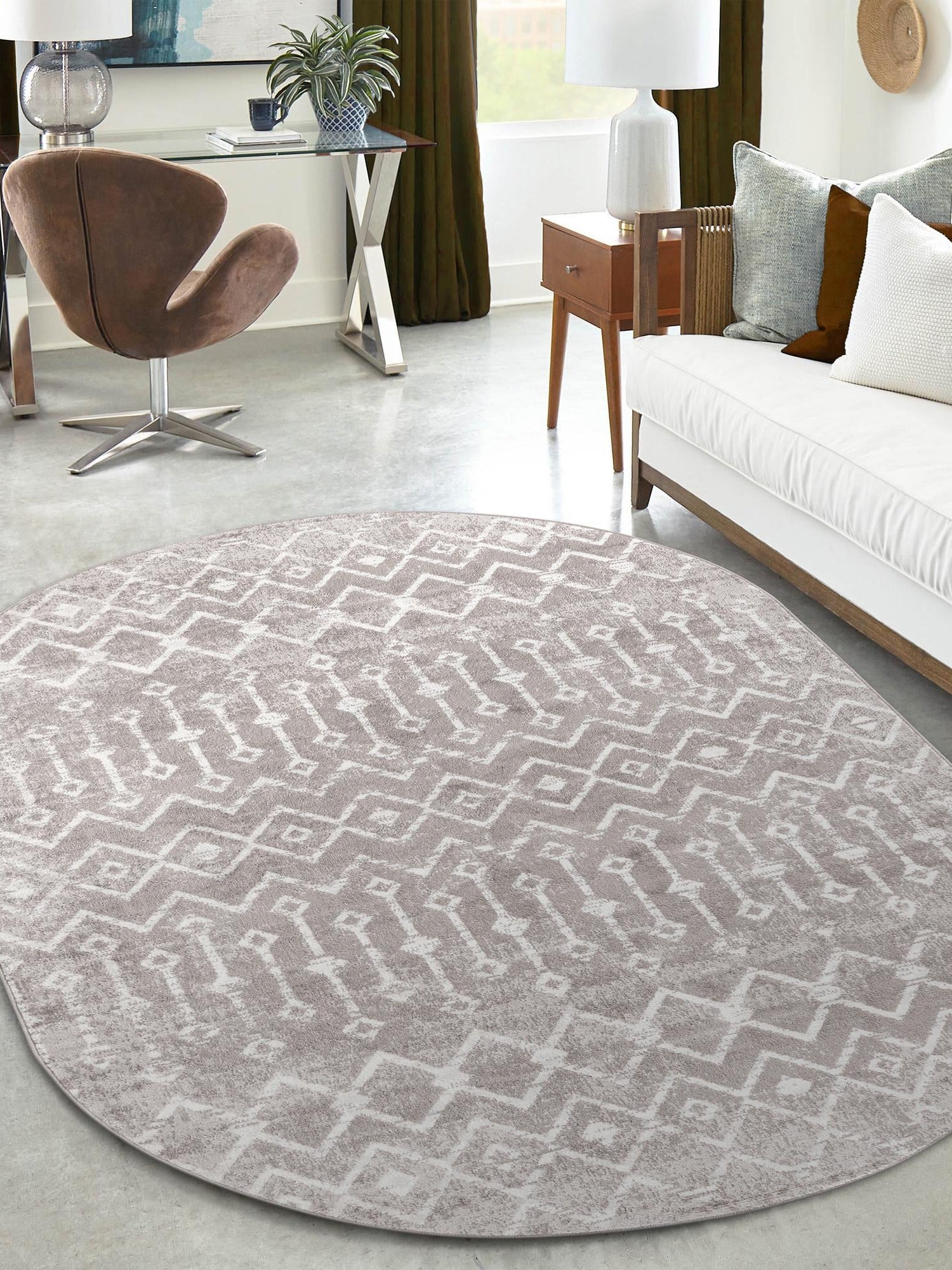 Stone Gray 4' x 6' Bohemian Trellis Oval Area Rug 100% Polypropylene With Cotton Backing Geometric Modern Boho Decor Carpet for Living Rooms Office Dining Kitchen Interior Design for Sale at Rug Engine
