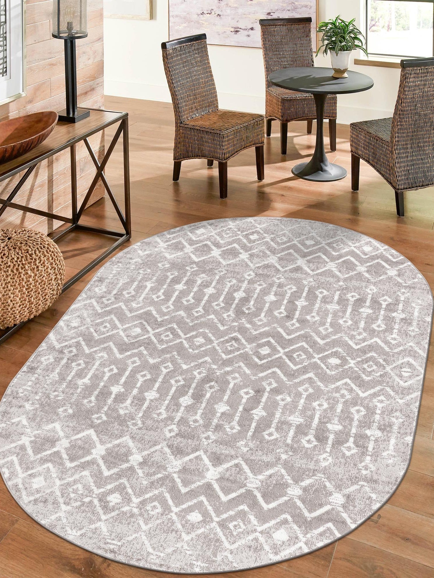 Stone Gray 4' x 6' Bohemian Trellis Oval Area Rug 100% Polypropylene With Cotton Backing Geometric Modern Boho Decor Carpet for Living Rooms Office Dining Kitchen Interior Design for Sale at Rug Engine
