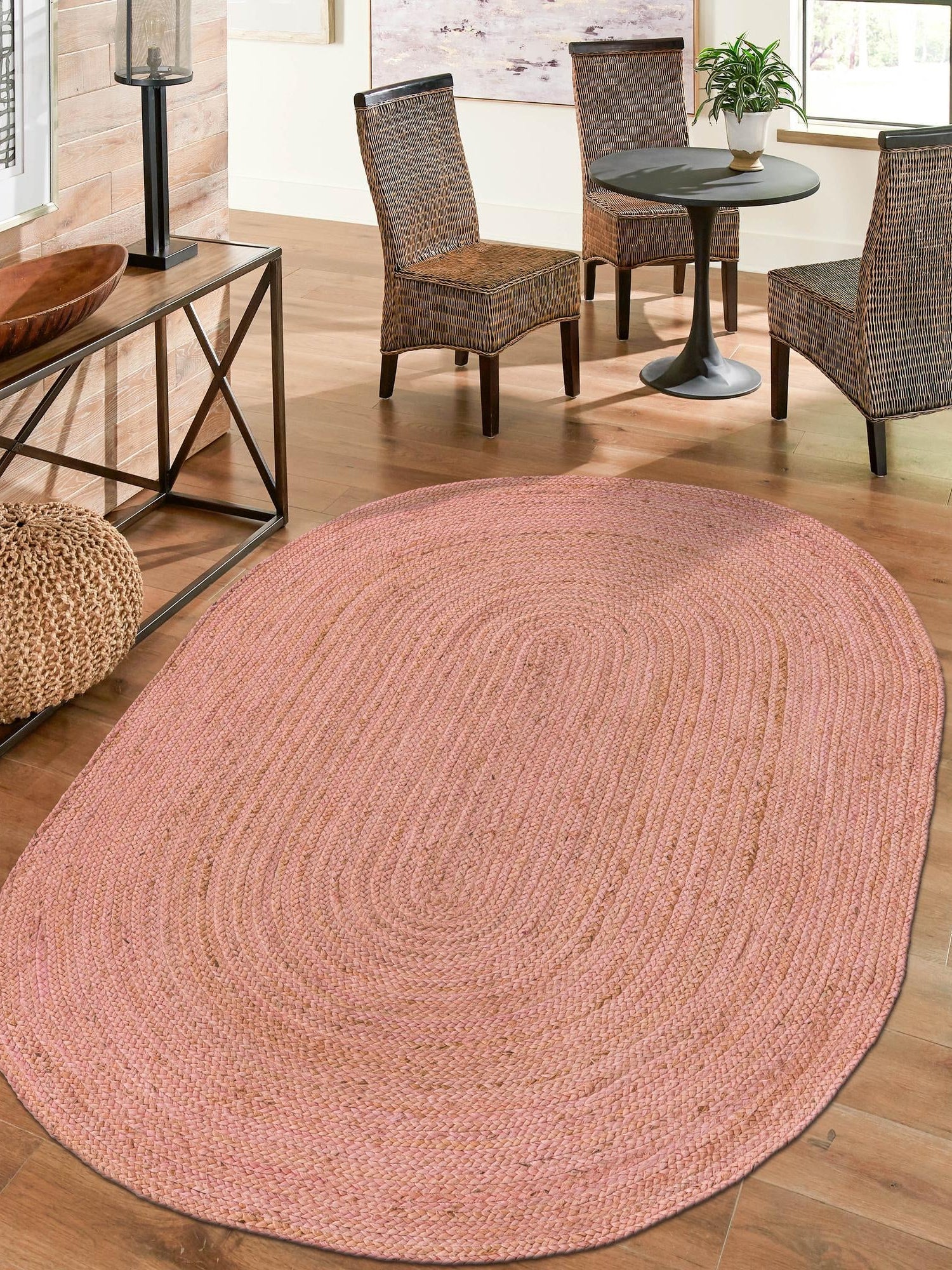 Light Pink 5' 1 x 8' Braided Jute Oval Area Rug 100% Jute Hand Braided Natural Eco-Friendly Boho Style Carpet for Living Rooms Dining Office Space Dorms for Sale at Rug Engine