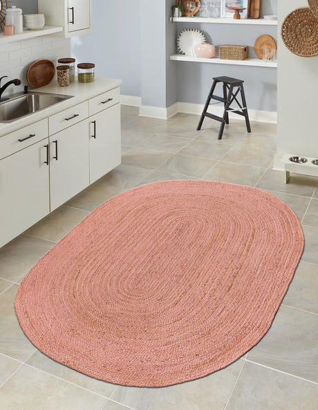 Light Pink 5' 1 x 8' Braided Jute Oval Area Rug 100% Jute Hand Braided Natural Eco-Friendly Boho Style Carpet for Living Rooms Dining Office Space Dorms for Sale at Rug Engine