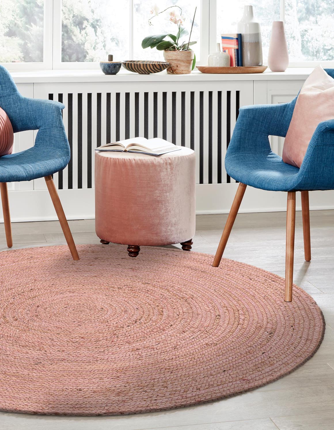Light Pink 5' 1 x 5' 1 Braided Jute Round Area Rug 100% Jute Hand Braided Natural Eco-Friendly Boho Style Carpet for Living Rooms Dining Office Space Dorms for Sale at Rug Engine
