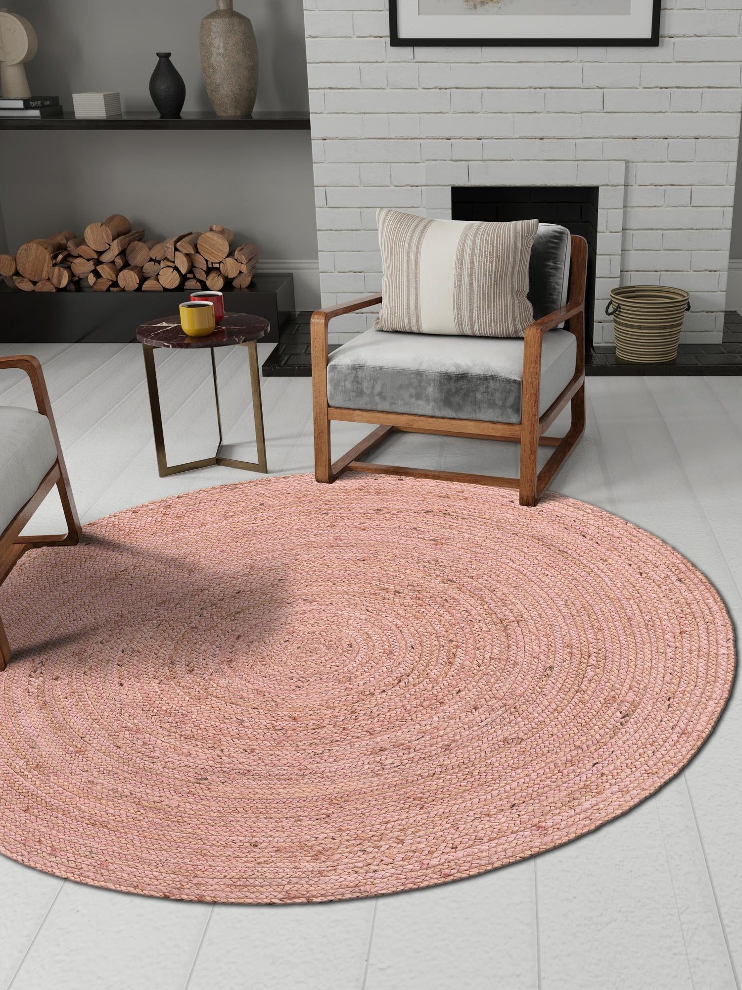 Light Pink 3' x 3' Braided Jute Round Area Rug 100% Jute Hand Braided Natural Eco-Friendly Boho Style Carpet for Living Rooms Dining Office Space Dorms for Sale at Rug Engine