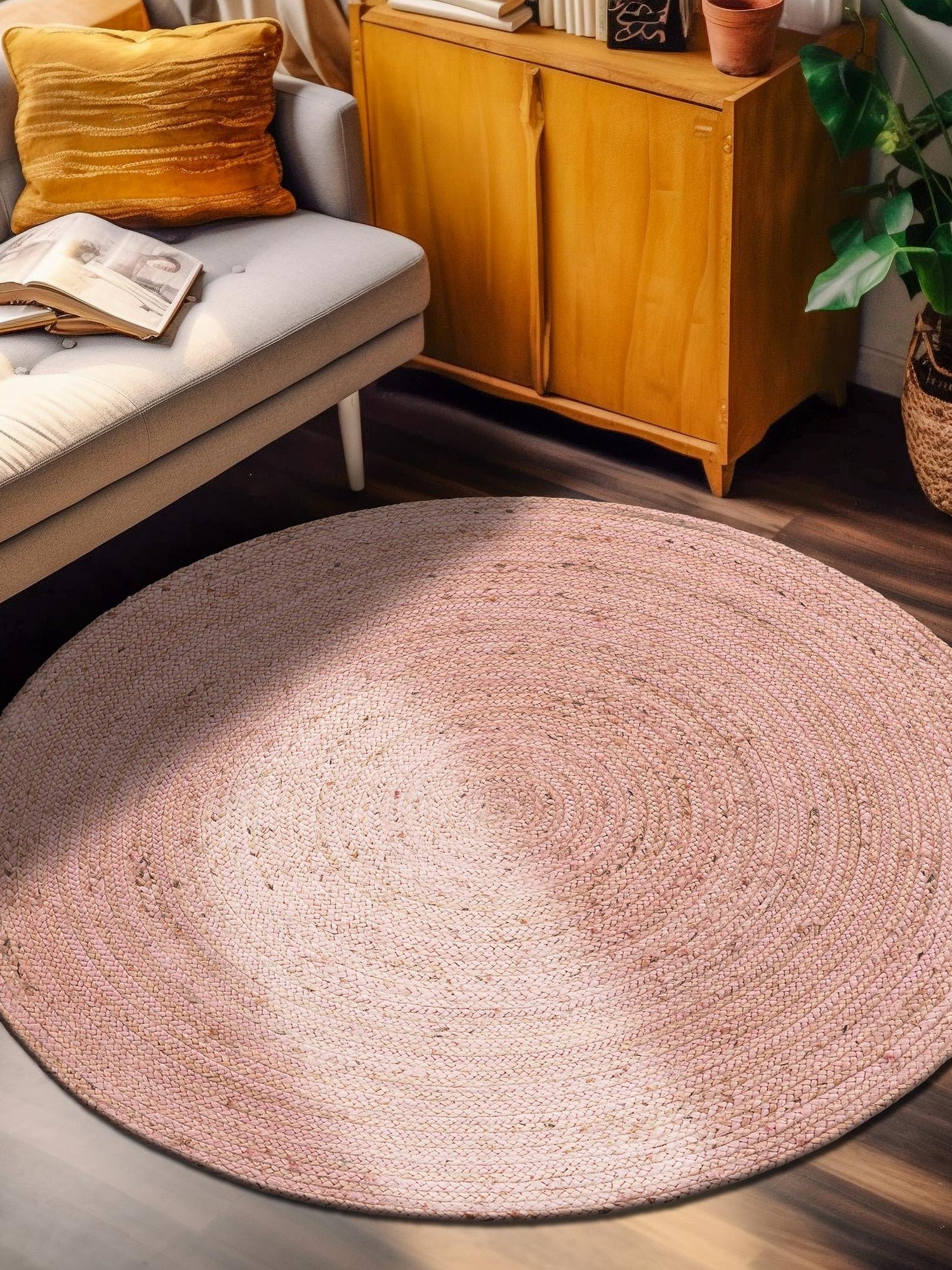 Light Pink 3' x 3' Braided Jute Round Area Rug 100% Jute Hand Braided Natural Eco-Friendly Boho Style Carpet for Living Rooms Dining Office Space Dorms for Sale at Rug Engine