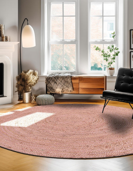 Light Pink 8' x 8' Braided Jute Round Area Rug 100% Jute Hand Braided Natural Eco-Friendly Boho Style Carpet for Living Rooms Dining Office Space Dorms for Sale at Rug Engine