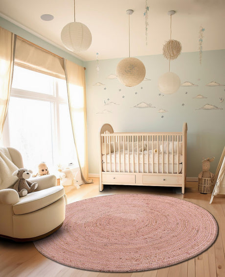 Light Pink 5' 1 x 5' 1 Braided Jute Round Area Rug 100% Jute Hand Braided Natural Eco-Friendly Boho Style Carpet for Living Rooms Dining Office Space Dorms for Sale at Rug Engine