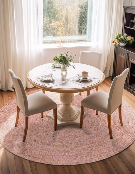 Light Pink 5' 1 x 5' 1 Braided Jute Round Area Rug 100% Jute Hand Braided Natural Eco-Friendly Boho Style Carpet for Living Rooms Dining Office Space Dorms for Sale at Rug Engine