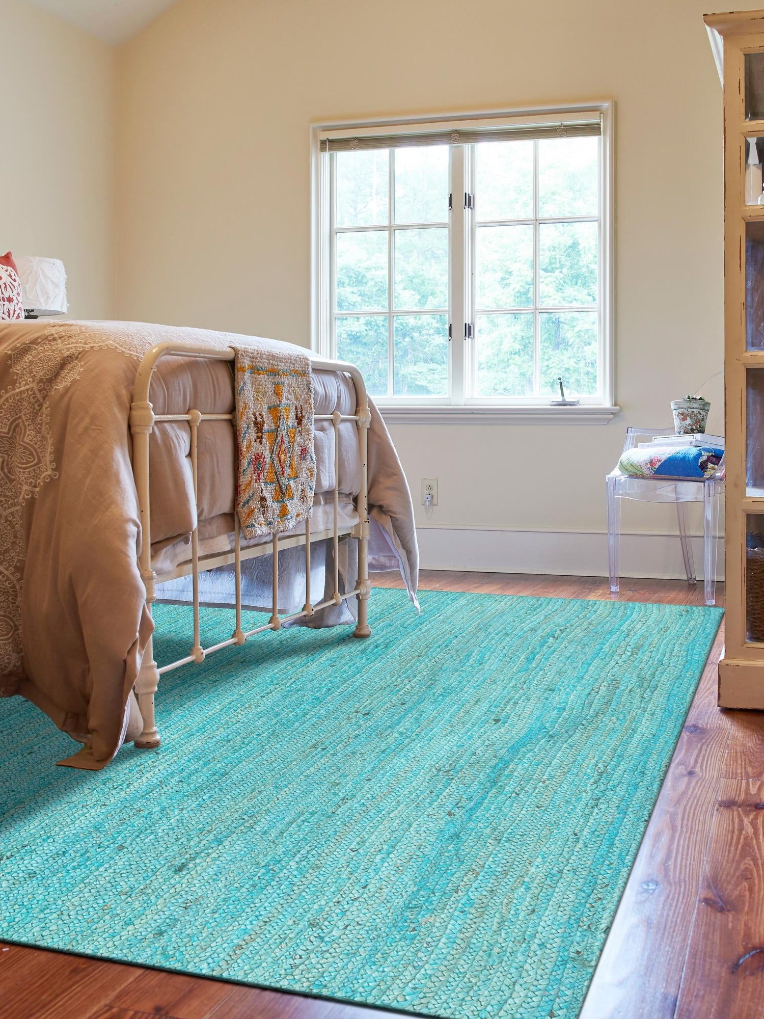 Turquoise 4' 1 x 6' 1 Braided Jute Rectangle Area Rug 100% Jute Hand Braided Natural Eco-Friendly Boho Style Carpet for Living Rooms Dining Office Space Dorms for Sale at Rug Engine