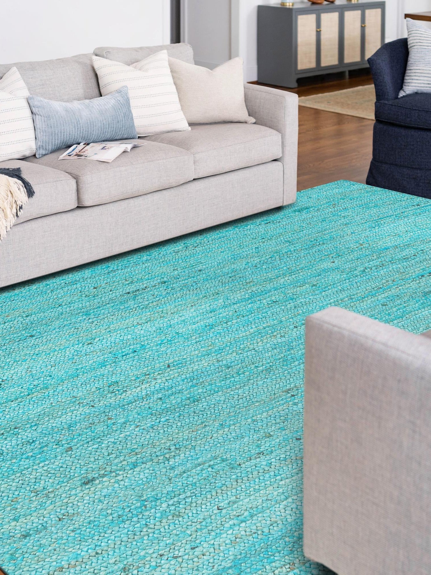 Turquoise 2' x 3' 1 Braided Jute Rectangle Area Rug 100% Jute Hand Braided Natural Eco-Friendly Boho Style Carpet for Living Rooms Dining Office Space Dorms for Sale at Rug Engine