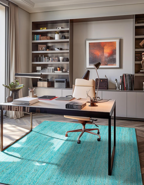 Turquoise 10' x 14' 1 Braided Jute Rectangle Area Rug 100% Jute Hand Braided Natural Eco-Friendly Boho Style Carpet for Living Rooms Dining Office Space Dorms for Sale at Rug Engine