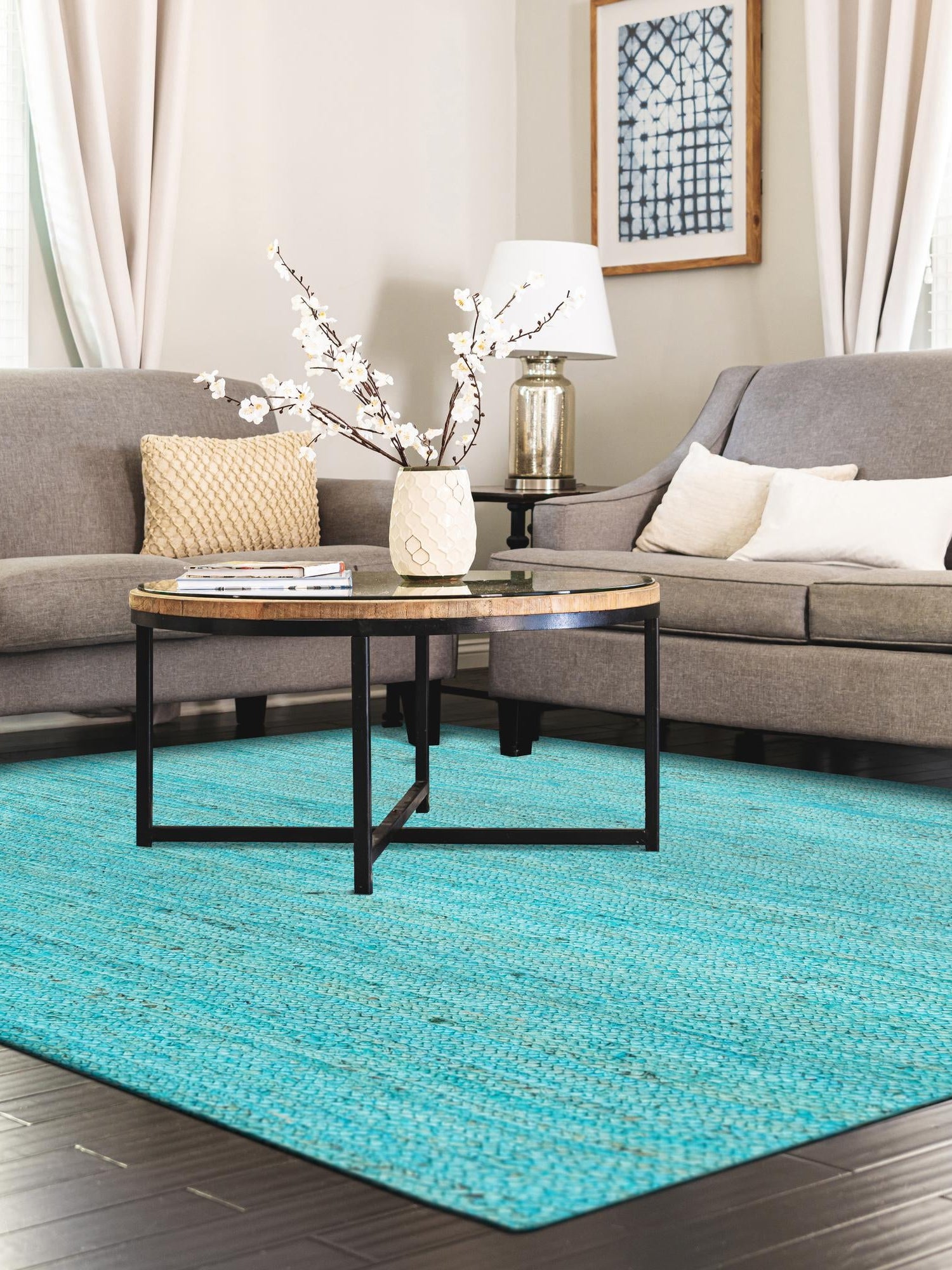 Turquoise 9' x 12' Braided Jute Rectangle Area Rug 100% Jute Hand Braided Natural Eco-Friendly Boho Style Carpet for Living Rooms Dining Office Space Dorms for Sale at Rug Engine