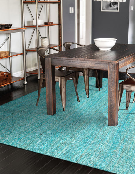 Turquoise 10' x 14' 1 Braided Jute Rectangle Area Rug 100% Jute Hand Braided Natural Eco-Friendly Boho Style Carpet for Living Rooms Dining Office Space Dorms for Sale at Rug Engine