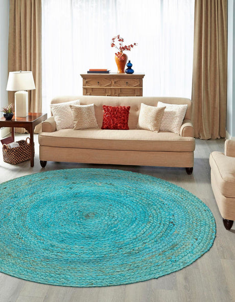 Turquoise 3' 3 x 3' 3 Braided Jute Round Rug