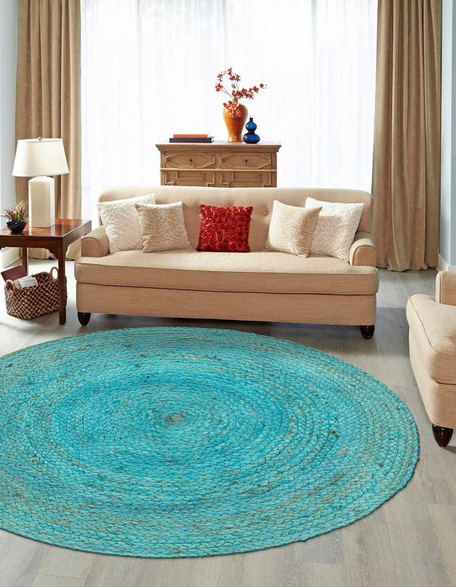 Turquoise 3' 3 x 3' 3 Braided Jute Round Rug