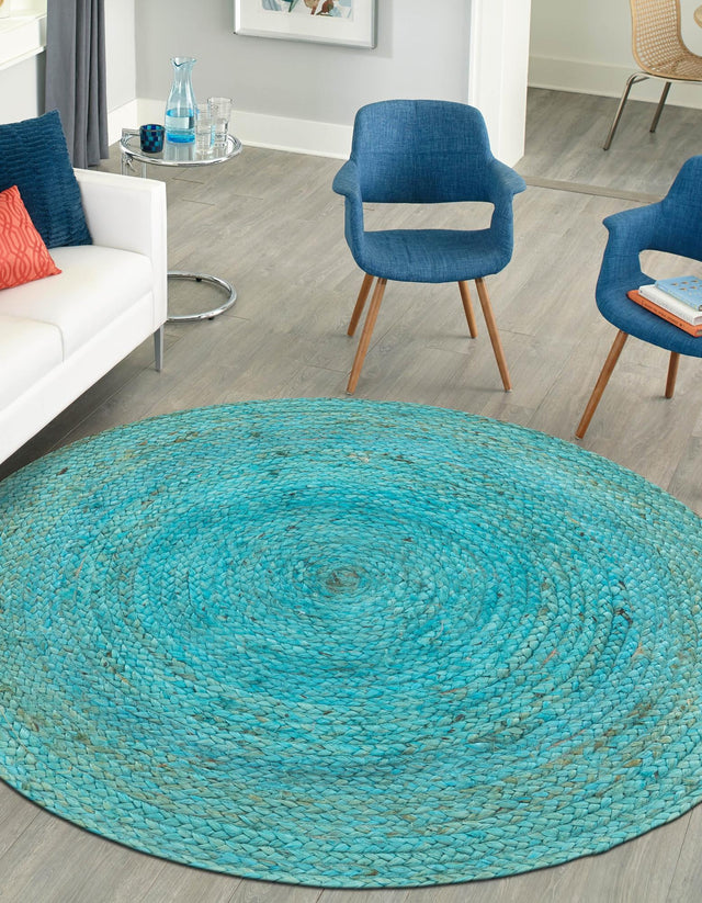 Turquoise 3' 3 x 3' 3 Braided Jute Round Rug
