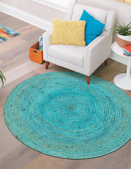 Turquoise 3' 3 x 3' 3 Braided Jute Round Area Rug 100% Jute Hand Braided Natural Eco-Friendly Boho Style Carpet for Living Rooms Dining Office Space Dorms for Sale at Rug Engine