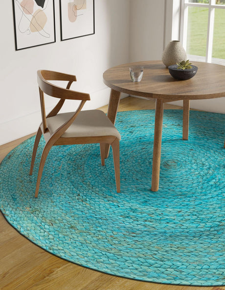 Turquoise 3' 3 x 3' 3 Braided Jute Round Area Rug 100% Jute Hand Braided Natural Eco-Friendly Boho Style Carpet for Living Rooms Dining Office Space Dorms for Sale at Rug Engine