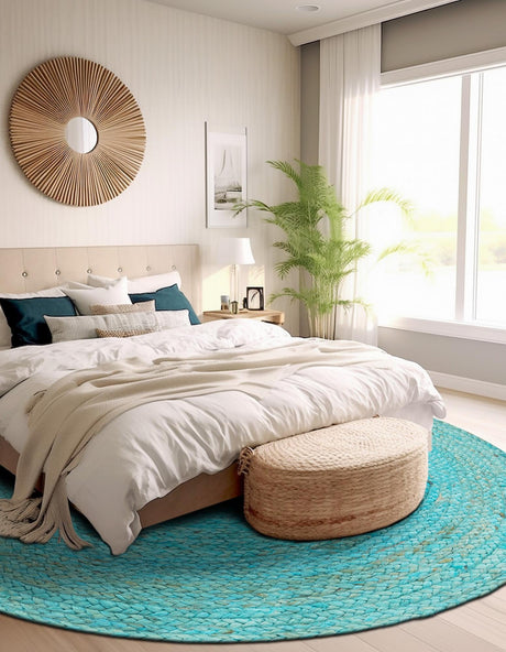 Turquoise 3' 3 x 3' 3 Braided Jute Round Area Rug 100% Jute Hand Braided Natural Eco-Friendly Boho Style Carpet for Living Rooms Dining Office Space Dorms for Sale at Rug Engine