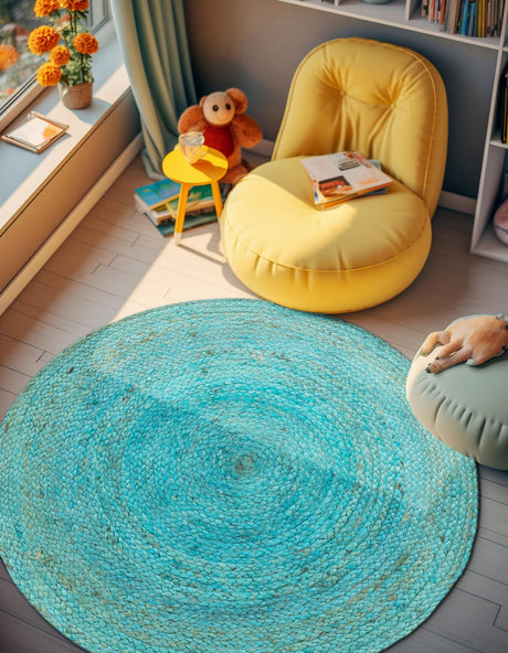Turquoise 3' 3 x 3' 3 Braided Jute Round Area Rug 100% Jute Hand Braided Natural Eco-Friendly Boho Style Carpet for Living Rooms Dining Office Space Dorms for Sale at Rug Engine