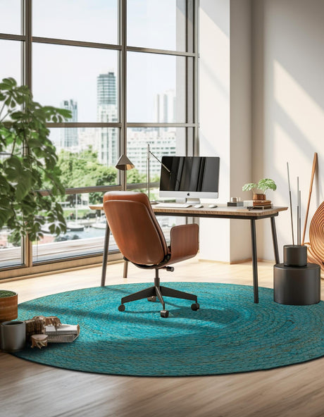Turquoise 3' 3 x 3' 3 Braided Jute Round Area Rug 100% Jute Hand Braided Natural Eco-Friendly Boho Style Carpet for Living Rooms Dining Office Space Dorms for Sale at Rug Engine