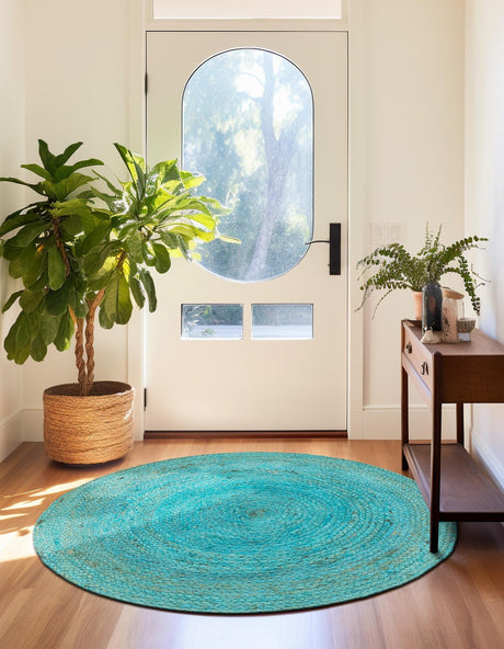 Turquoise 3' 3 x 3' 3 Braided Jute Round Area Rug 100% Jute Hand Braided Natural Eco-Friendly Boho Style Carpet for Living Rooms Dining Office Space Dorms for Sale at Rug Engine