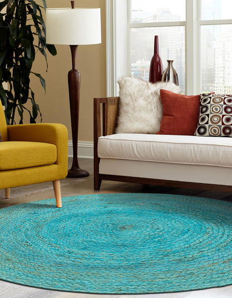 Turquoise 3' 3 x 3' 3 Braided Jute Round Area Rug 100% Jute Hand Braided Natural Eco-Friendly Boho Style Carpet for Living Rooms Dining Office Space Dorms for Sale at Rug Engine
