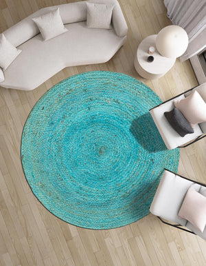 Turquoise 3' 3 x 3' 3 Braided Jute Round Rug