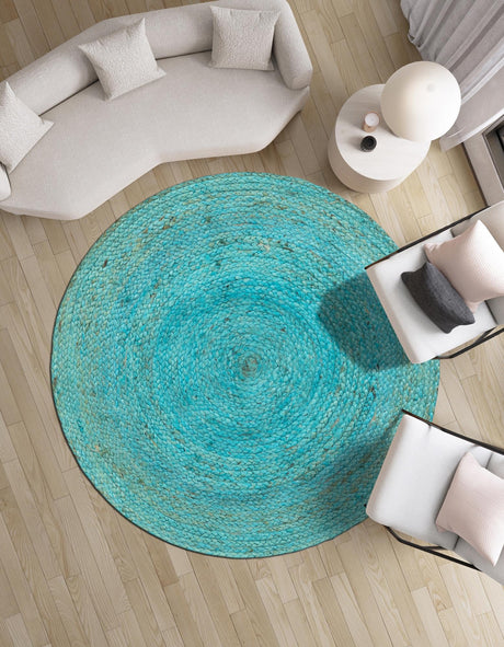 Turquoise 3' 3 x 3' 3 Braided Jute Round Area Rug 100% Jute Hand Braided Natural Eco-Friendly Boho Style Carpet for Living Rooms Dining Office Space Dorms for Sale at Rug Engine