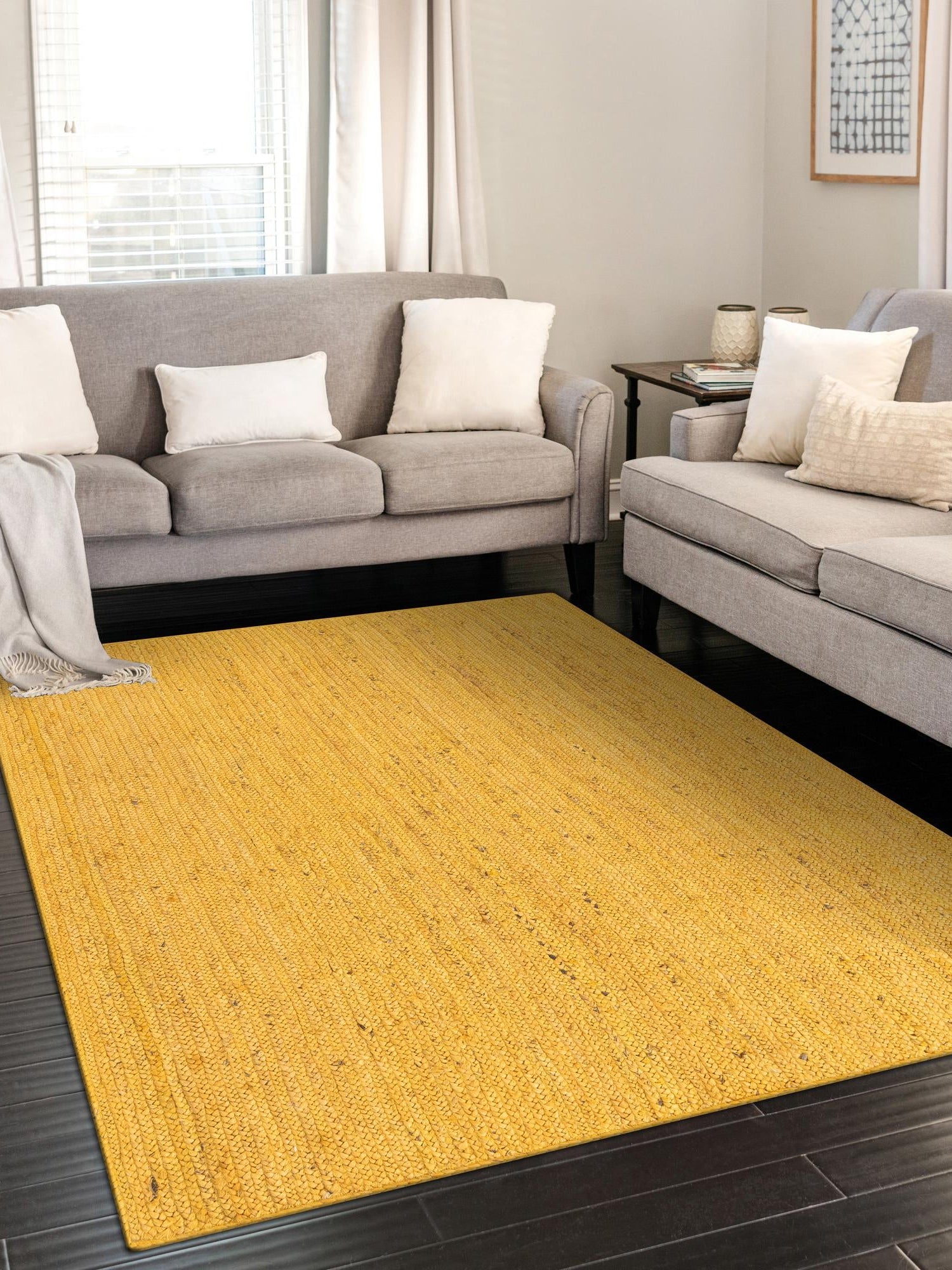 Yellow 5' 1 x 8' Braided Jute Rectangle Area Rug 100% Jute Hand Braided Natural Eco-Friendly Boho Style Carpet for Living Rooms Dining Office Space Dorms for Sale at Rug Engine