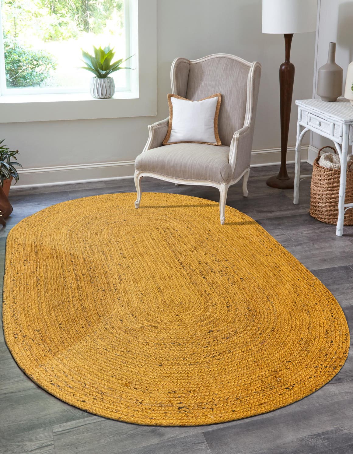 Yellow 5' 1 x 8' Braided Jute Oval Area Rug 100% Jute Hand Braided Natural Eco-Friendly Boho Style Carpet for Living Rooms Dining Office Space Dorms for Sale at Rug Engine
