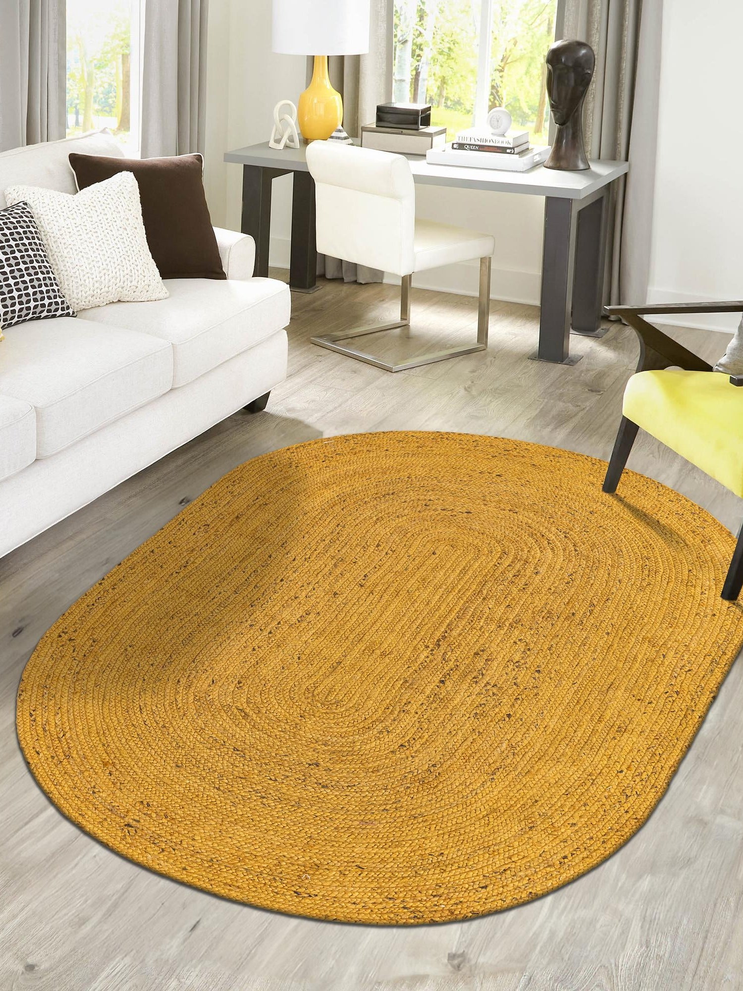 Yellow 8' x 10' Braided Jute Oval Area Rug 100% Jute Hand Braided Natural Eco-Friendly Boho Style Carpet for Living Rooms Dining Office Space Dorms for Sale at Rug Engine