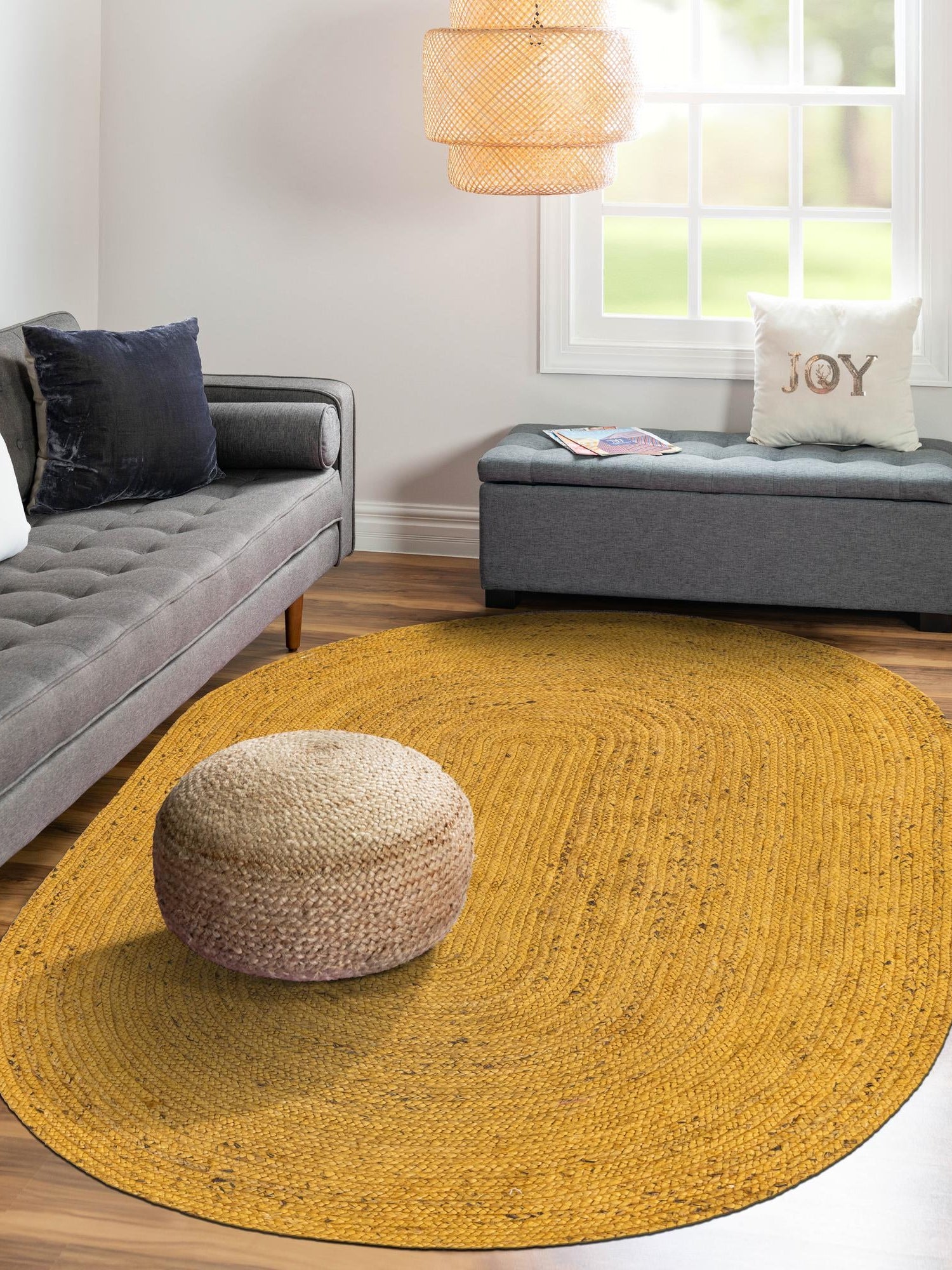 Yellow 3' 3 x 5' 1 Braided Jute Oval Area Rug 100% Jute Hand Braided Natural Eco-Friendly Boho Style Carpet for Living Rooms Dining Office Space Dorms for Sale at Rug Engine