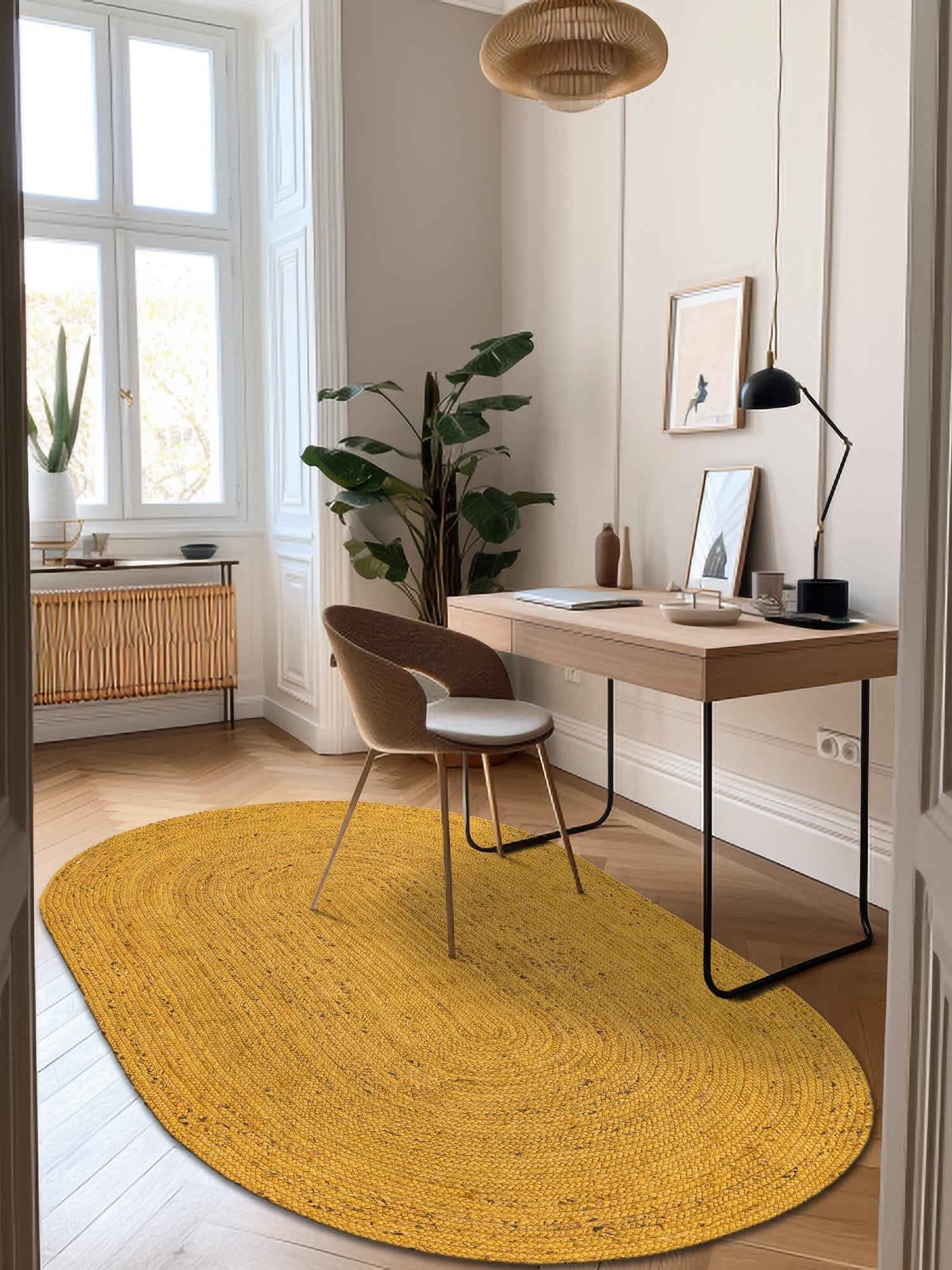 Yellow 3' 3 x 5' 1 Braided Jute Oval Area Rug 100% Jute Hand Braided Natural Eco-Friendly Boho Style Carpet for Living Rooms Dining Office Space Dorms for Sale at Rug Engine
