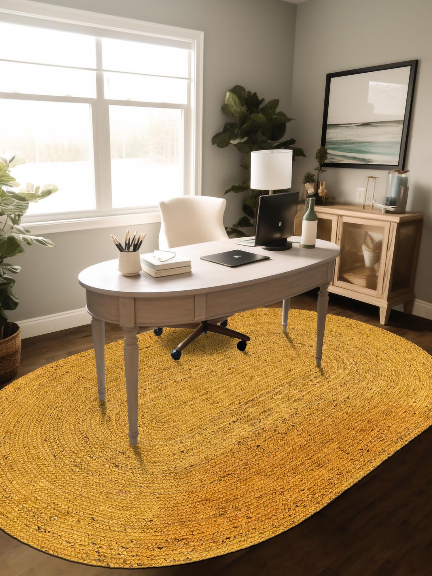 Yellow 3' 3 x 5' 1 Braided Jute Oval Area Rug 100% Jute Hand Braided Natural Eco-Friendly Boho Style Carpet for Living Rooms Dining Office Space Dorms for Sale at Rug Engine